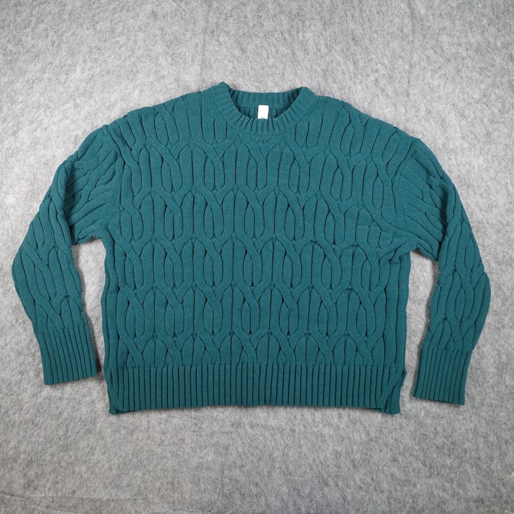 Lululemon Sweater Women Large Storm Teal Green Cable Knit Oversized‎ Crew Neck